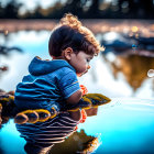 Curly-Haired Toddler by Calm Pond with Stones and Trees