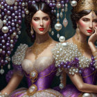 Two women in ornate gowns with gold and purple details, styled hair, surrounded by beads.