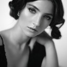 Monochrome portrait of woman with dark hair gazing at camera