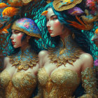 Vibrant blue-haired women in ornate golden armor with colorful birds and intricate floral backdrop.