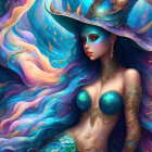 Vibrant fantasy art of ocean-inspired mermaid with gold accents