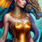 Fantasy character with dragon-like wings and golden armor beside a dragon.
