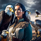 Serious Woman with Bald Eagles in Majestic Setting