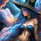 Fantasy siren with colorful hair and golden body art.