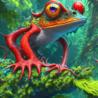 Colorful digital artwork: Two whimsical frogs with red eyes in lush green setting