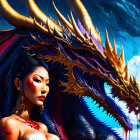 Woman with serene expression and golden dragon in dynamic blue setting