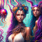 Colorful digital artwork: Three mystical women with flowing hair and floral crowns