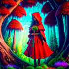 Woman in Red Hooded Cloak Stands in Enchanted Forest