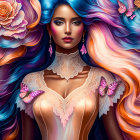 Colorful woman portrait with voluminous hair and lace clothing