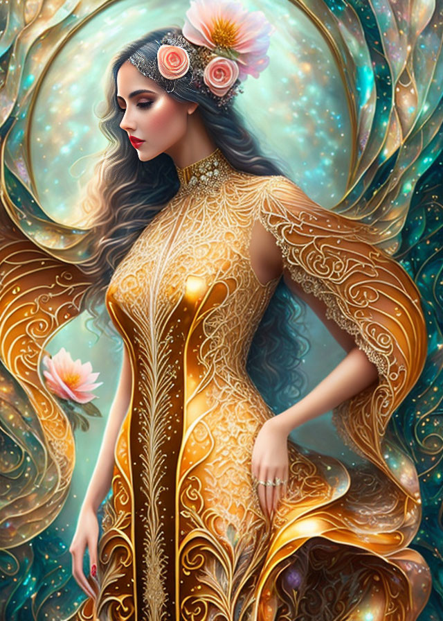 Regal woman in golden gown against celestial backdrop