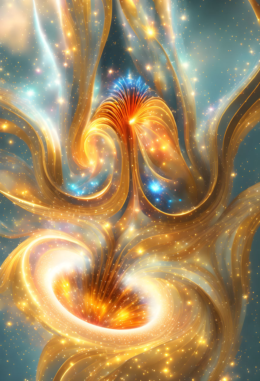 Colorful digital artwork: golden swirls, blue and orange hues, cosmic theme.