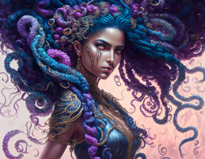 Fantastical portrait of woman with purple octopus-like hair and golden armor on pink background