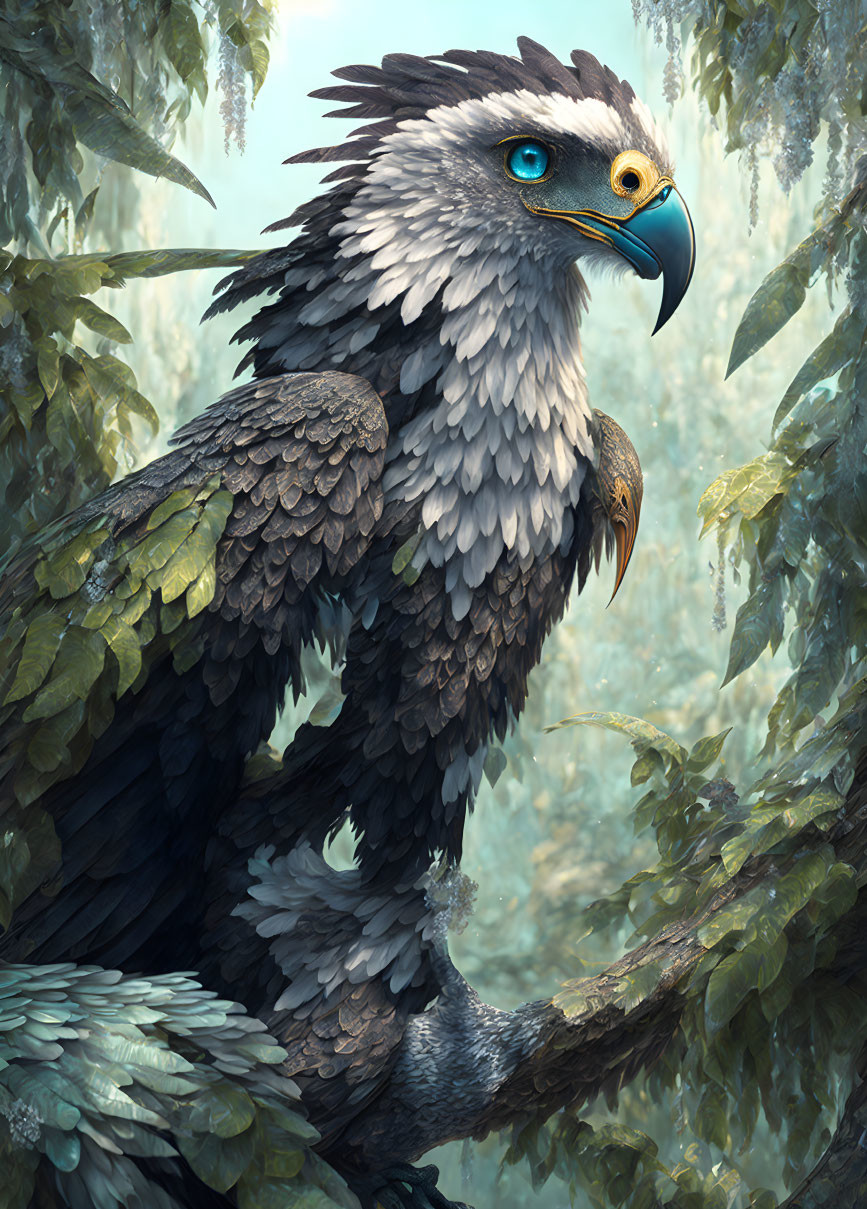 Majestic fantasy griffin with eagle's head in lush green foliage