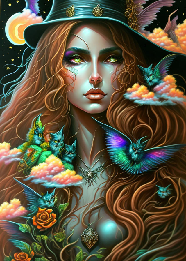 Fantasy illustration: Woman in witch hat with butterflies, vibrant flora in magical setting