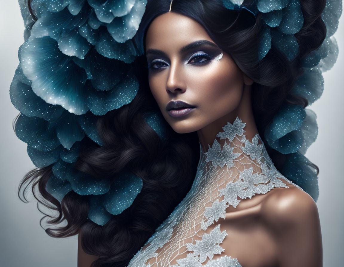 Woman with dramatic makeup and blue floral headpiece in lace garment