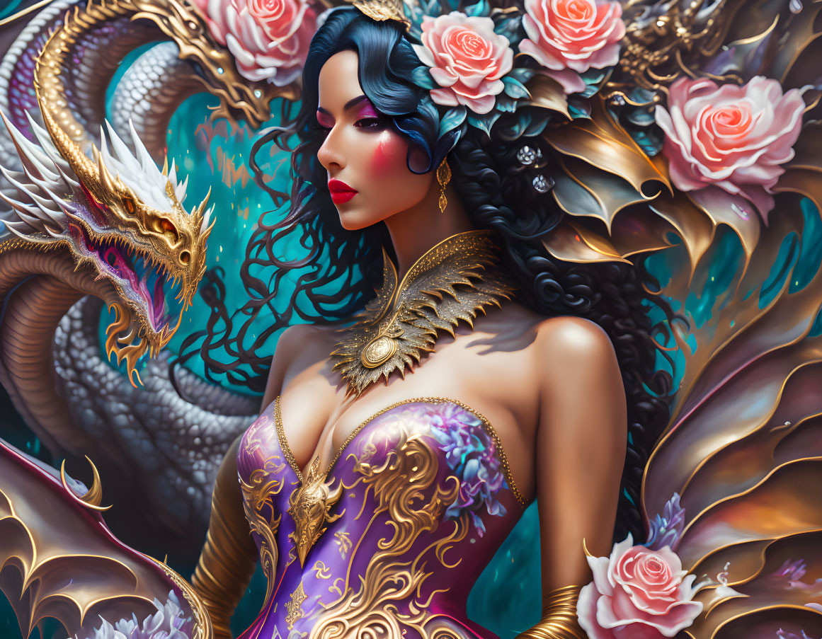 Blue-haired woman with roses, gold and purple dress, and golden dragon in floral setting