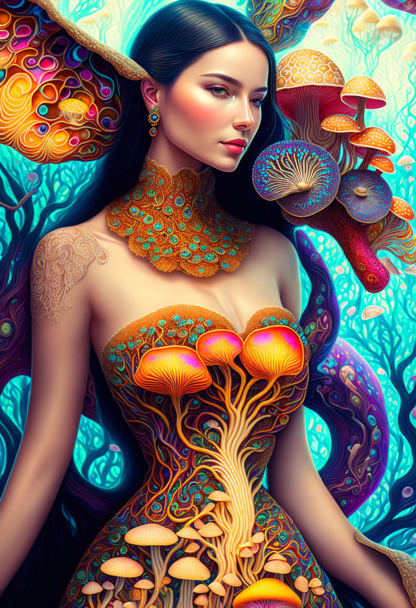 Fantastical illustration of elfin woman with butterfly wings and colorful mushrooms.