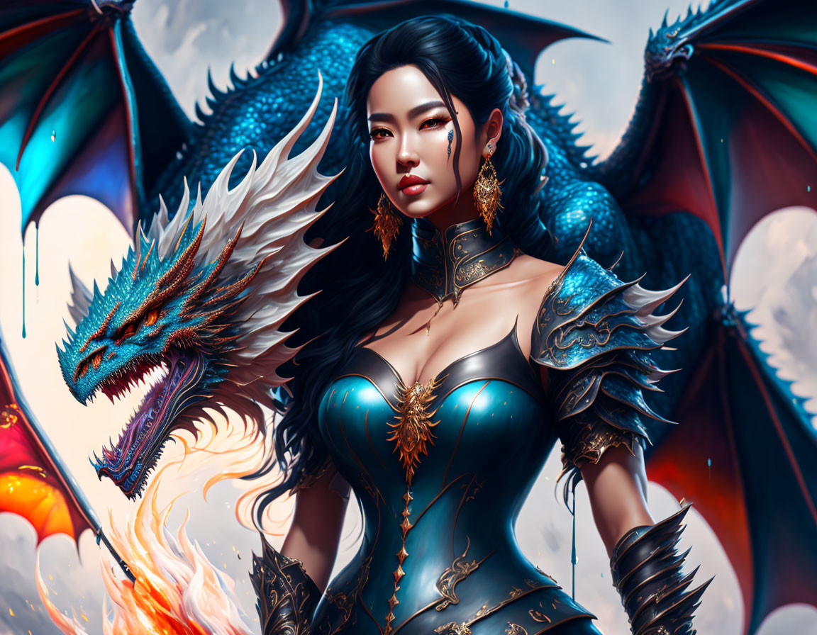 Warrior woman and blue dragon fantasy illustration in cloudy sky