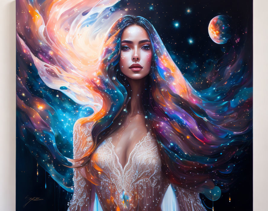 Surreal portrait of woman with cosmic scene in flowing hair