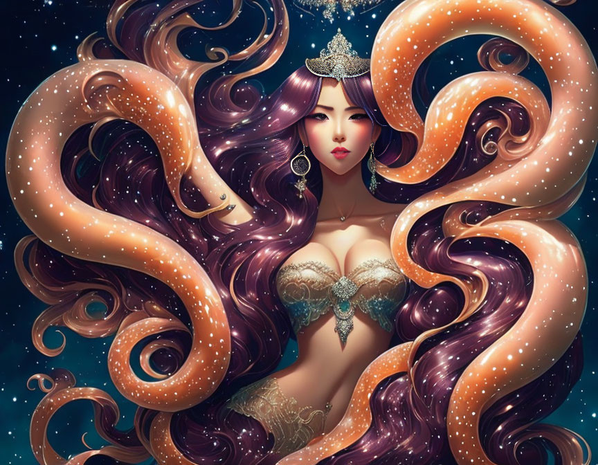 Illustrated female figure with octopus tentacles against a starry backdrop