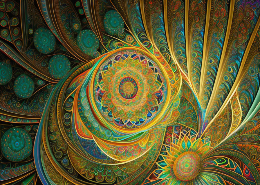 Vivid teal, orange, and gold fractal art patterns