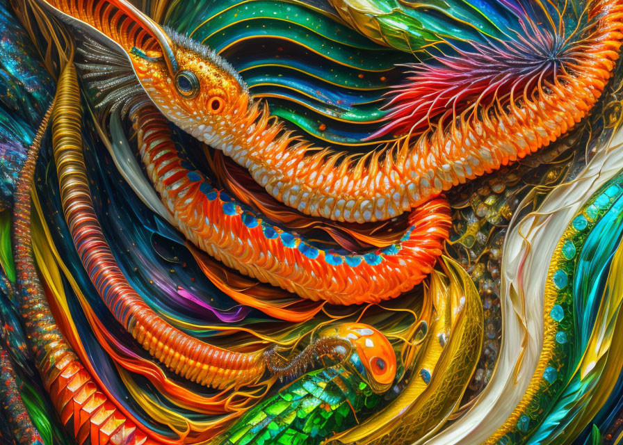 Colorful Abstract Artwork with Iridescent Scales and Feathers