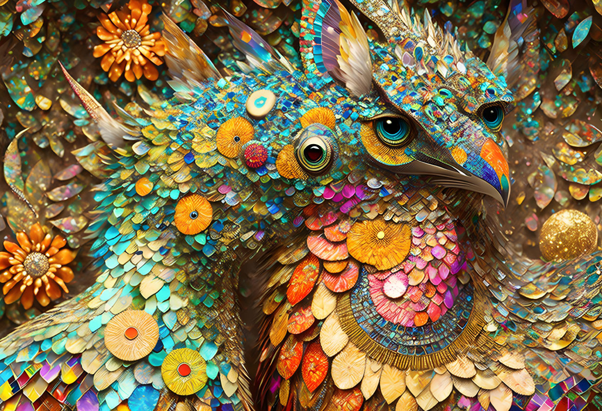 Colorful, detailed fantasy bird with intricate scales and floral feathers