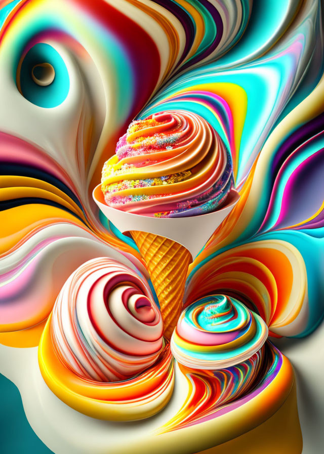 Colorful Abstract Digital Artwork with Ice Cream and Cone Elements