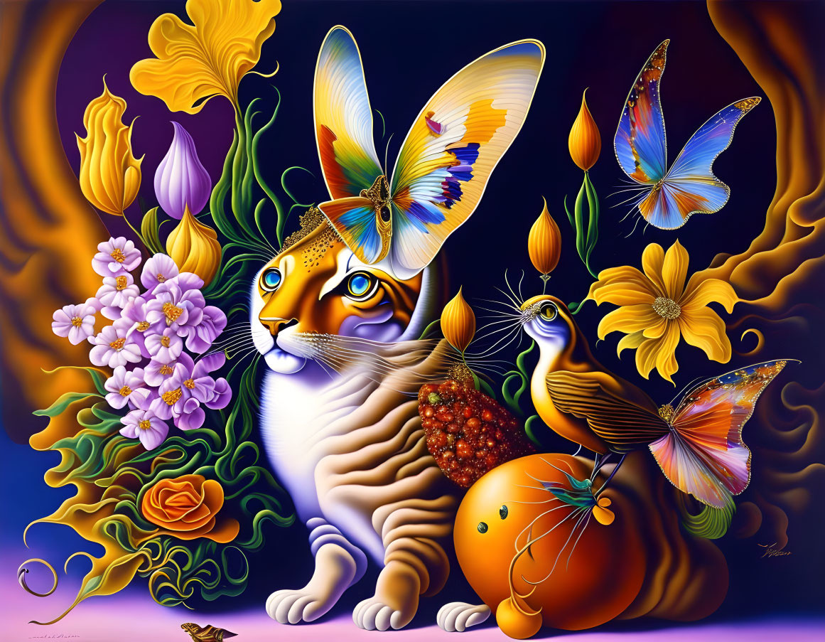Colorful digital art: whimsical cat with butterfly wings, surrounded by flowers and butterflies.
