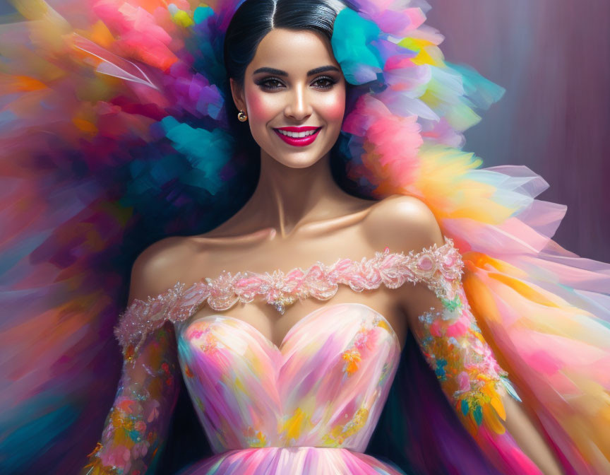 Colorful Feathered Headdress and Pastel Gown on Smiling Woman