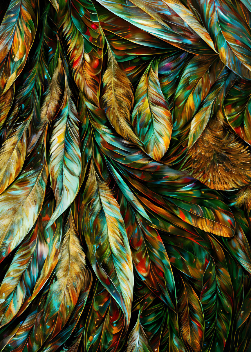 Colorful digital artwork: Intricate feather pattern with metallic sheen