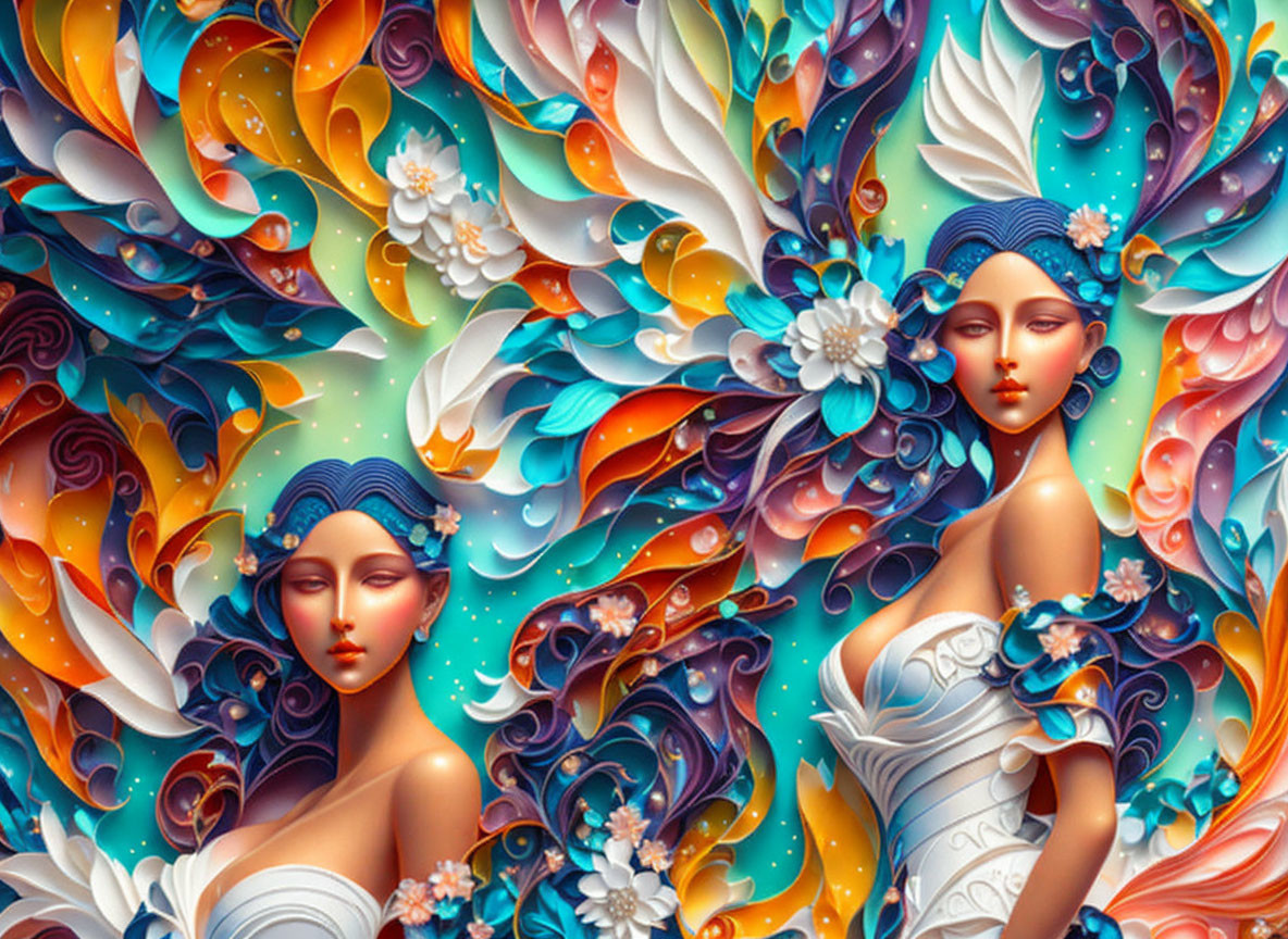 Vibrant surreal digital artwork: two women with blue hair amid swirling colorful patterns