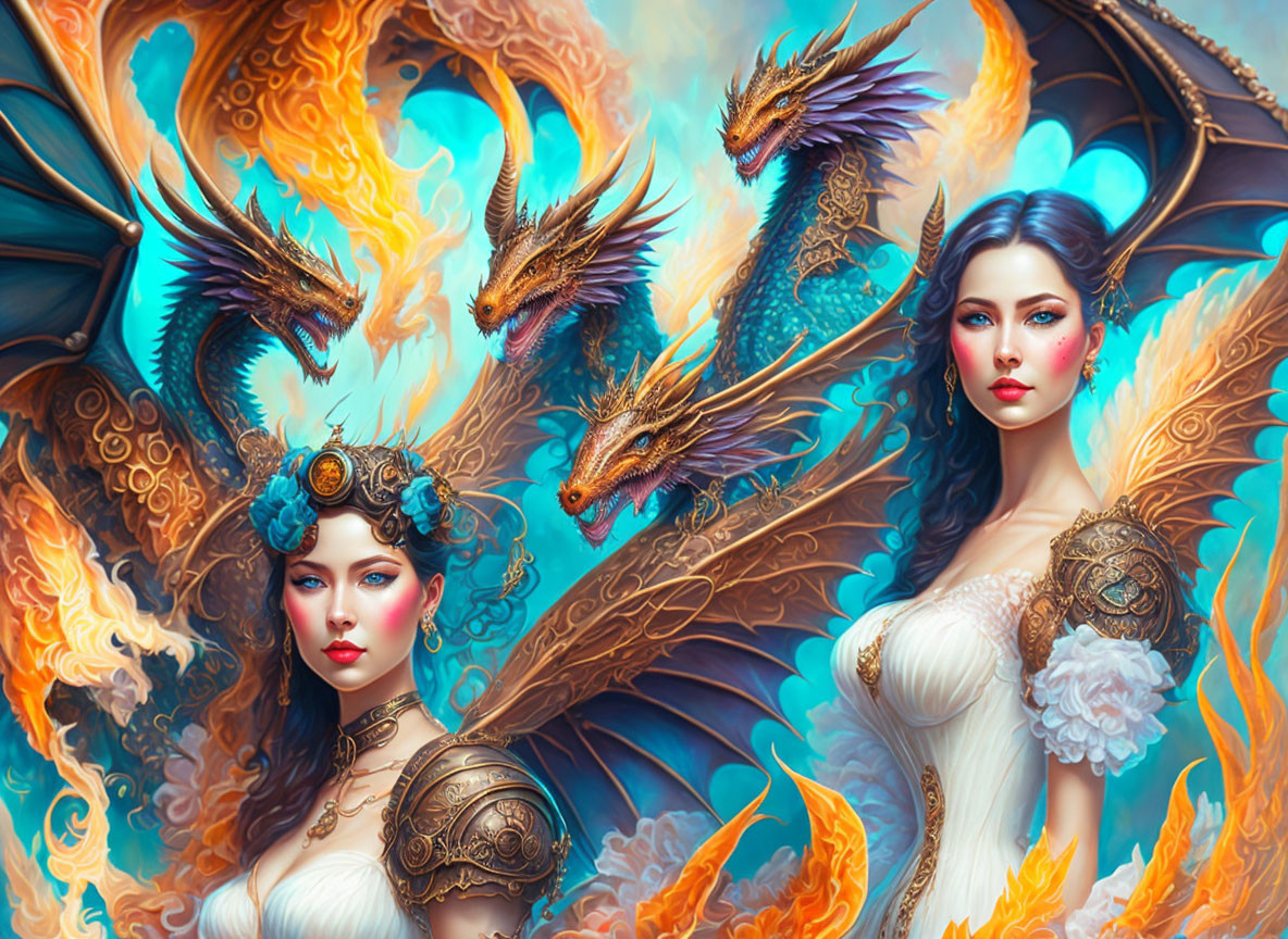 Fantasy illustration: Two women with elaborate headdresses, fiery phoenixes, teal background