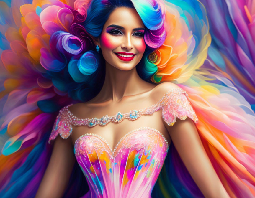 Colorful Woman Smiling in Rainbow Hair and Dress