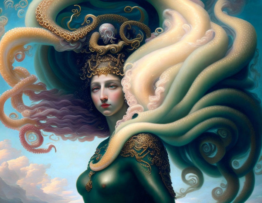 Surreal portrait of woman with octopus-like features and golden crown against blue sky