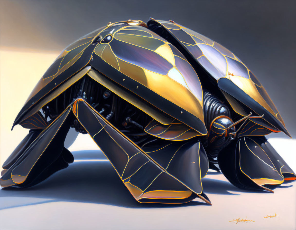 Segmented metallic gold and black robotic turtle with intricate mechanical details