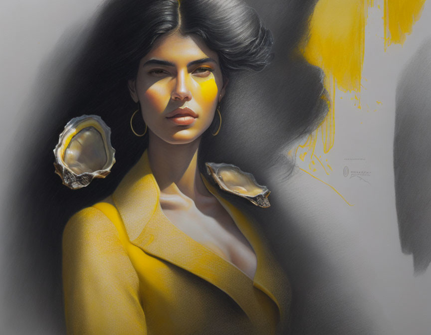 Portrait of Woman in Yellow Blazer with Oyster Shell Shoulder Embellishments