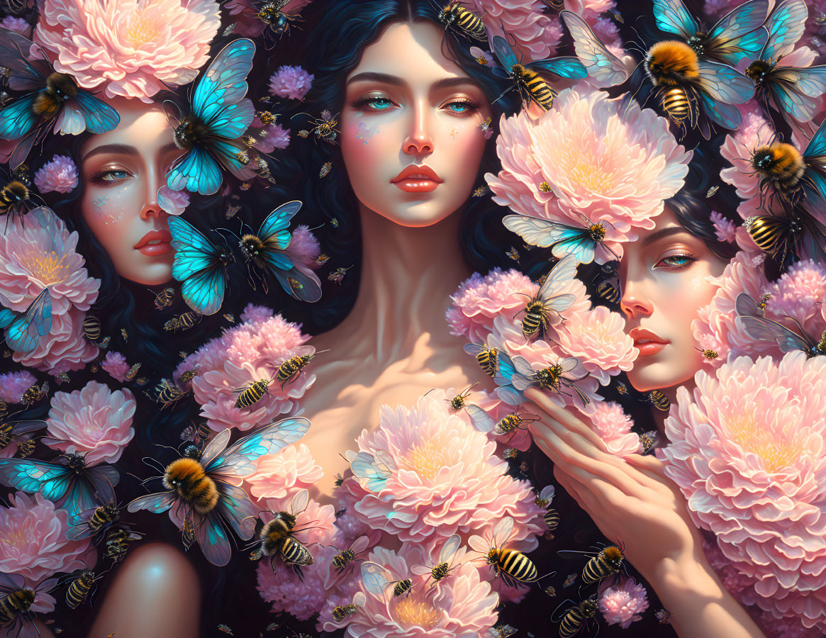 Three women with peonies, butterflies, and bees in a dreamlike scene