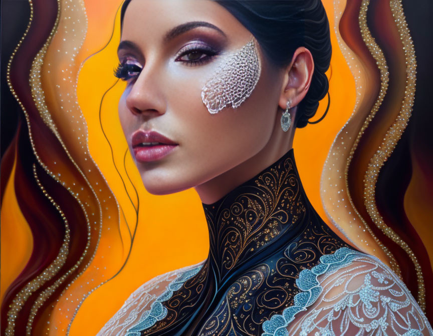 Detailed lace-like patterns on woman's face and neck against orange background