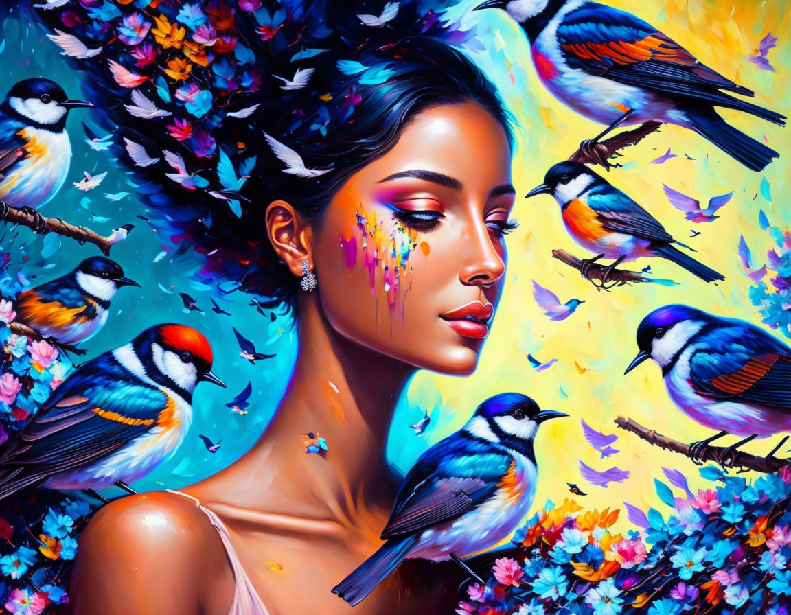 Colorful artwork of woman with birds and flowers in surreal composition