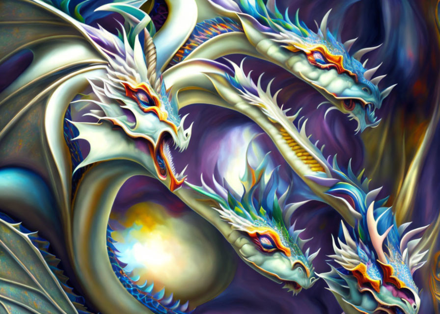 Vividly colored dragons with intricate scales in dynamic composition