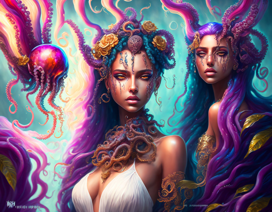 Ethereal women with octopus-like features and purple hair in oceanic setting