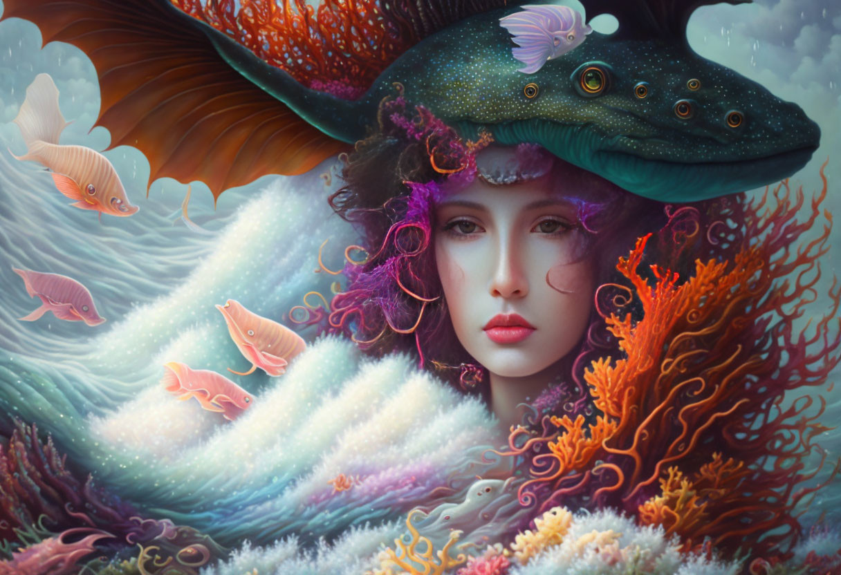 Fantasy illustration of woman with marine elements in underwater dream scene