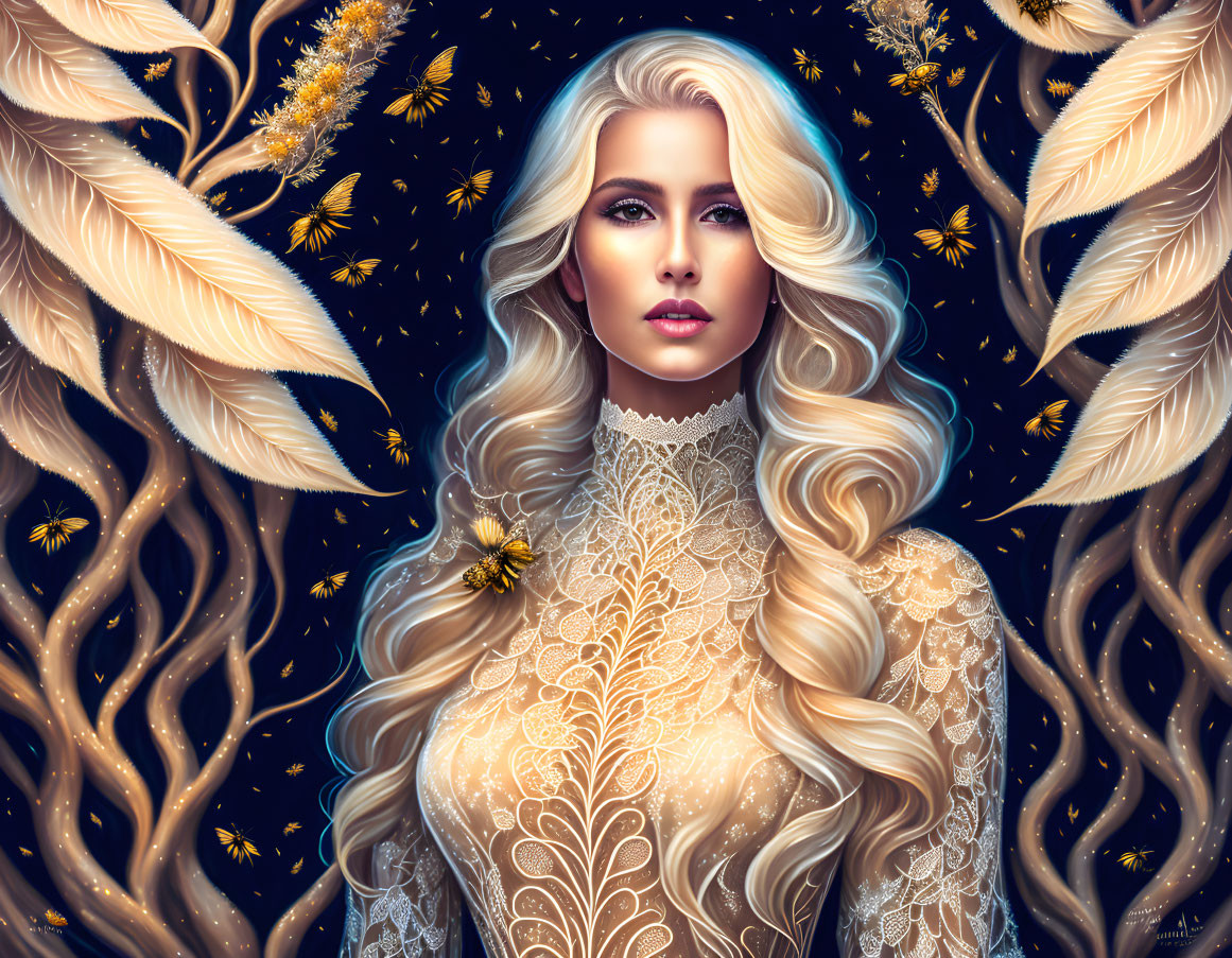 Blond woman with golden feathers and dandelion seeds on dark background