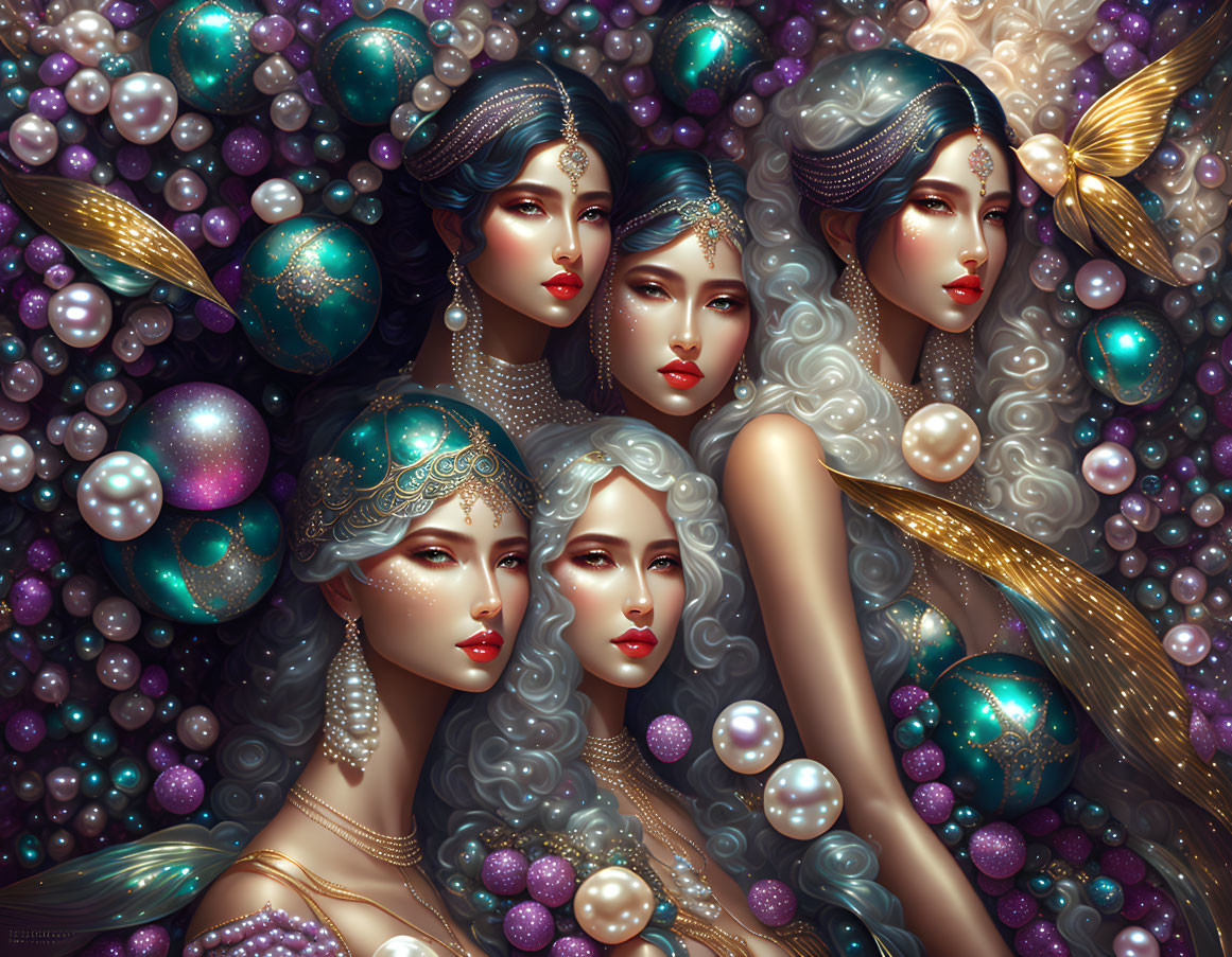Four Stylized Women with Elaborate Headdresses and Ornaments