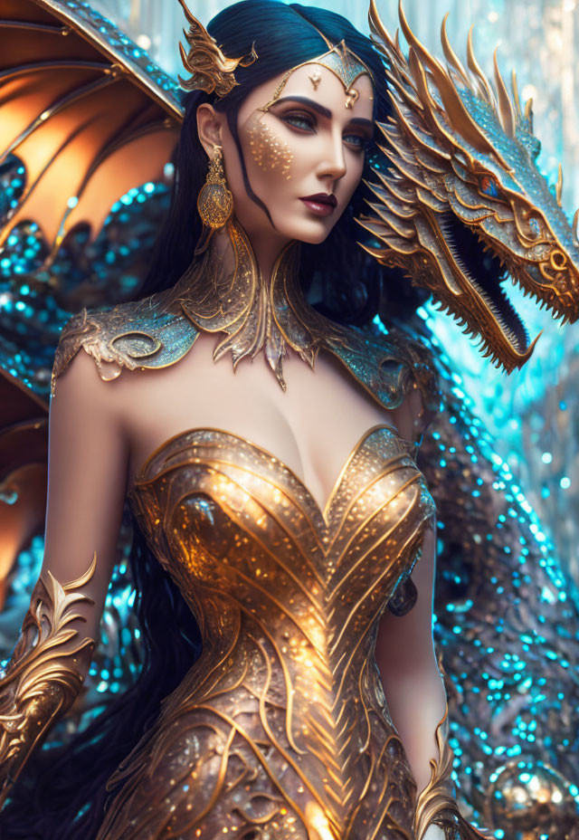 Fantasy-inspired image of woman in golden armor with wing elements