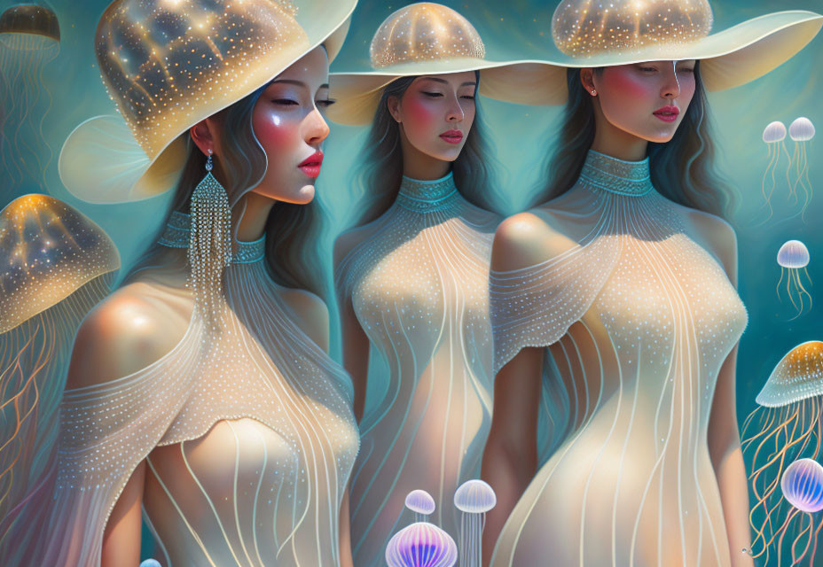 Three women in jellyfish-inspired attire underwater