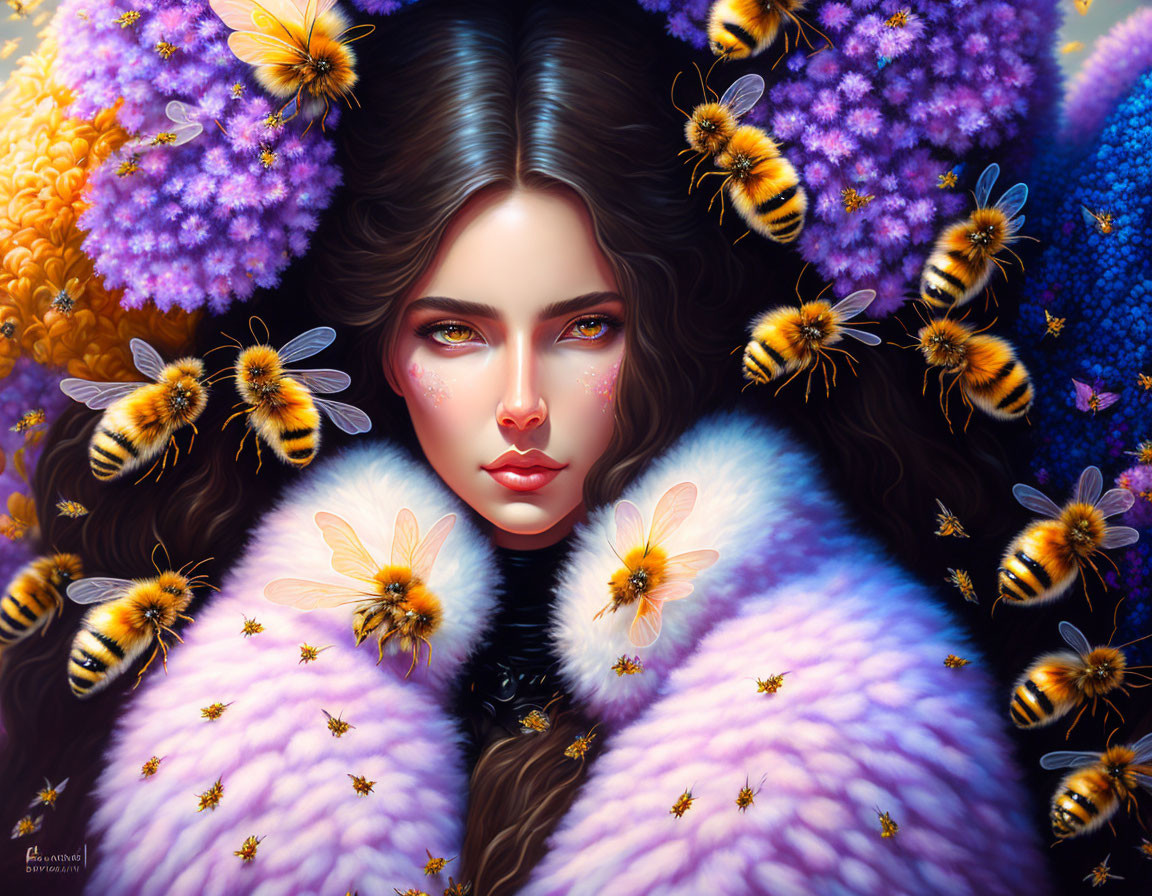 Dark-Haired Woman Surrounded by Purple Flowers and Bees