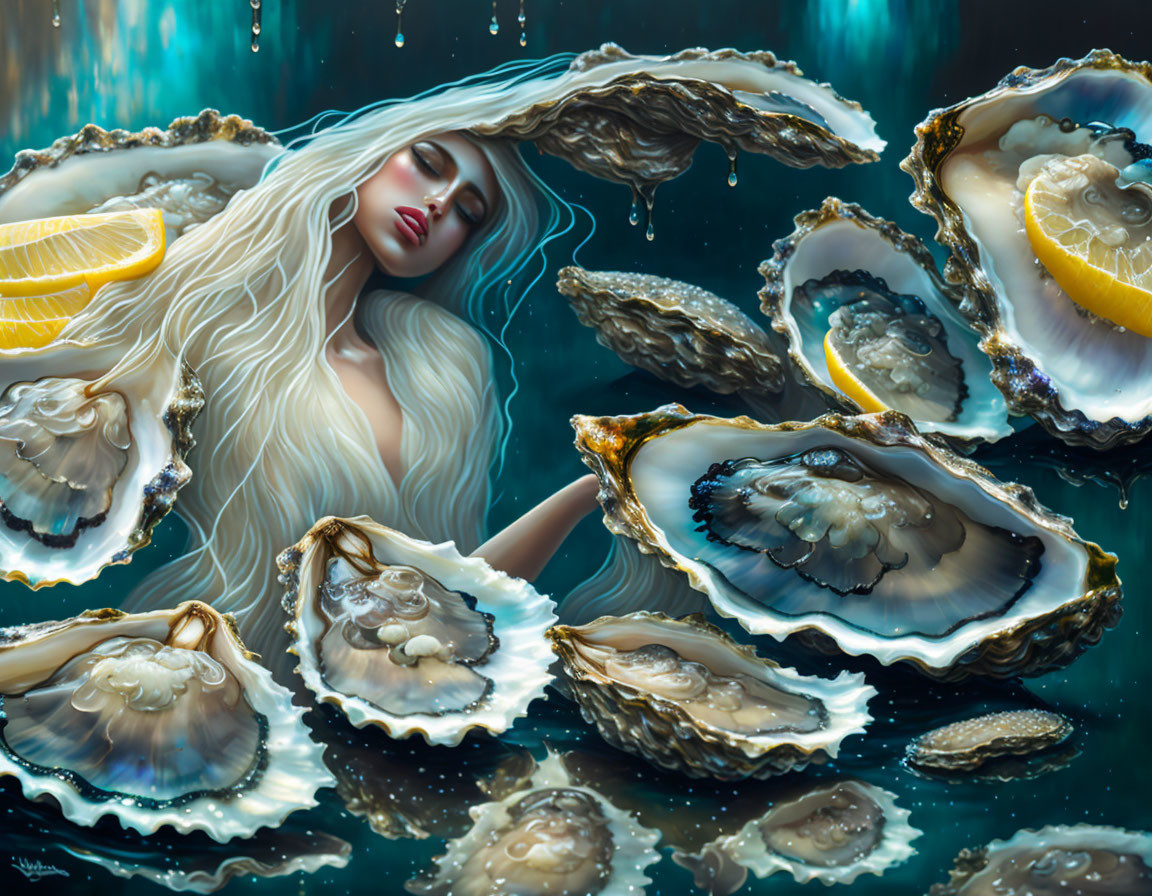 Surreal artwork of woman with long blonde hair in oyster bed under teal sea