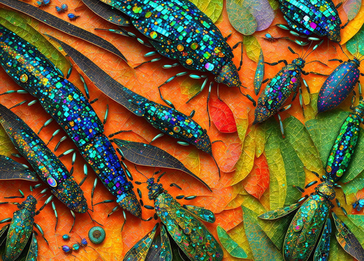 Colorful Jewel Beetles Amid Autumn Leaves: Iridescent Patterns and Hues